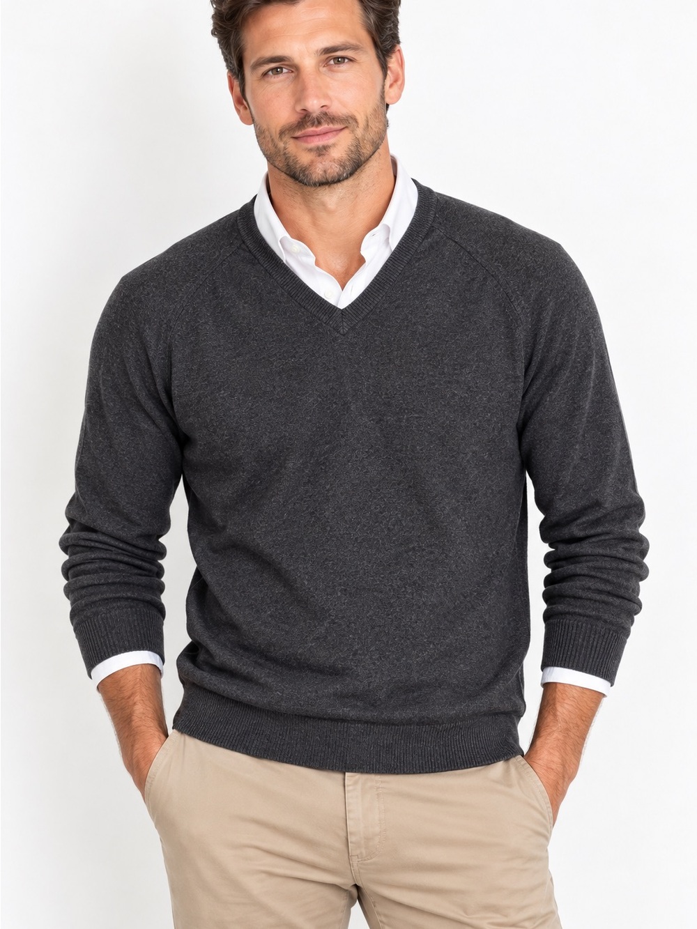 J Crew Mens M Cotton Cashmere V Neck Sweater Pullover Preppy Casual Charcoal